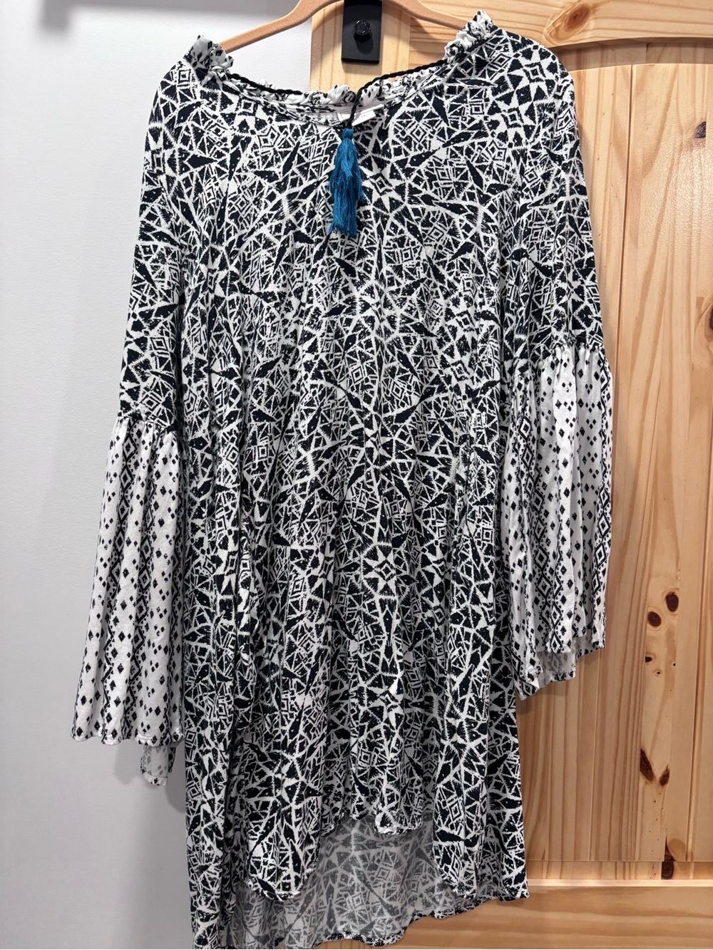 Ariat Black & White Geometric High-Low Tunic Dress with Blue Tassel